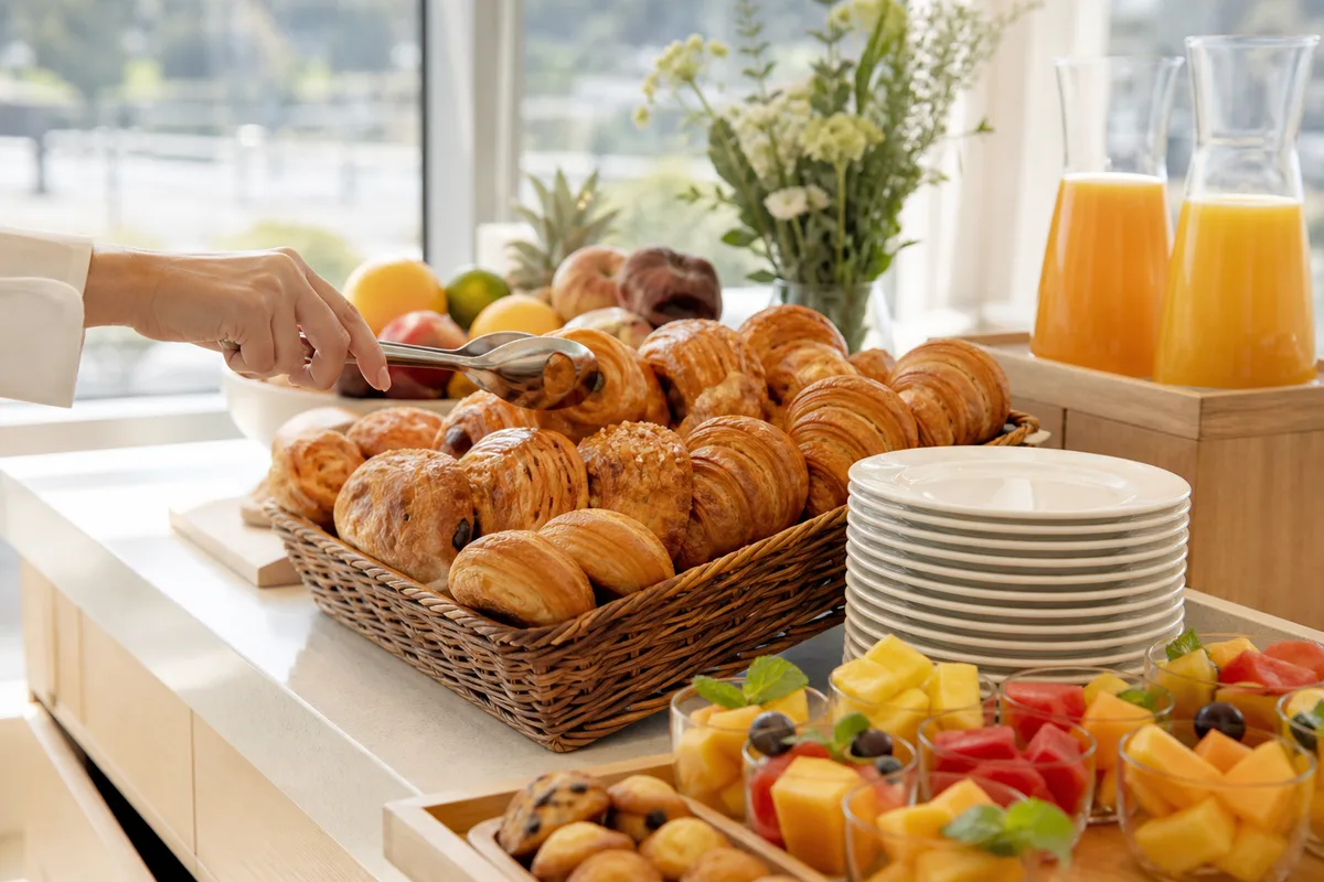 Buffet de petit-déjeuner d’hôtel, corbeille de viennoiseries et pichets de jus dans la lumière du matin