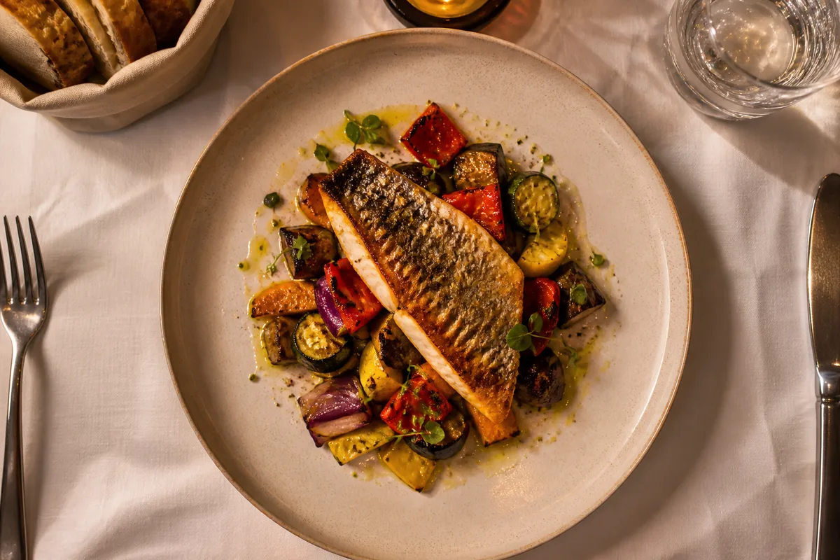 Assiette de plat du soir servie en salle d’hôtel, vue de dessus sur une nappe claire