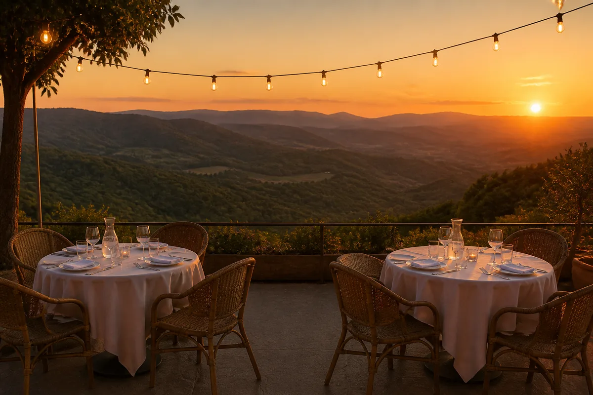 Terrasse d’hôtel dressée pour le dîner face à une vallée, lumière de coucher de soleil