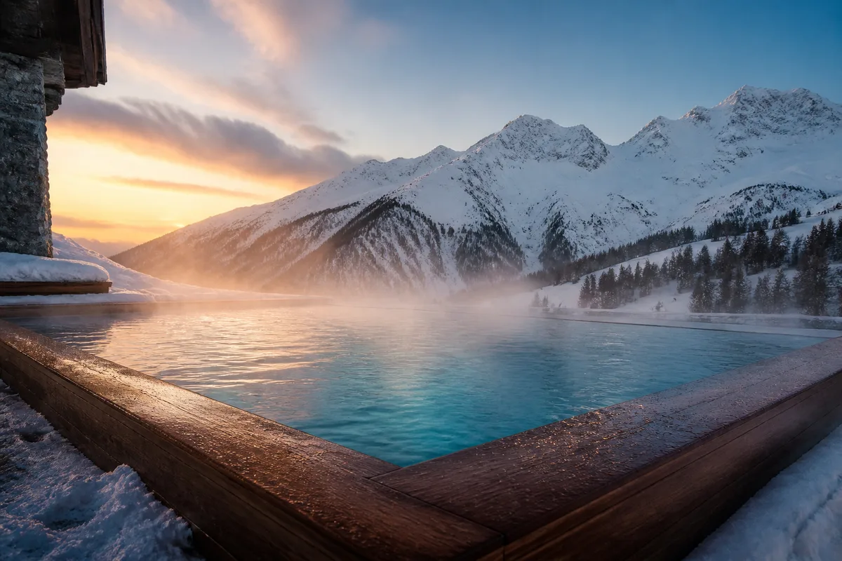 Bassin extérieur chauffé d&rsquo;un hôtel de montagne dans la neige, vapeur et sommets enneigés