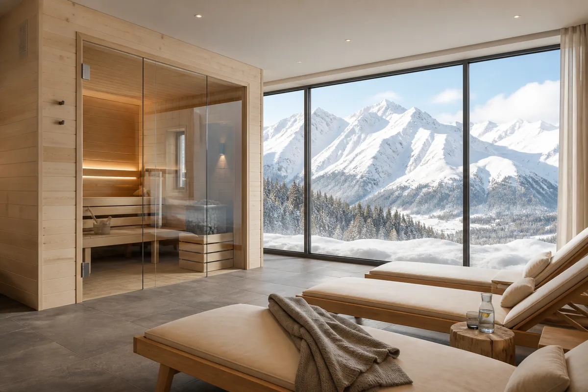 Espace bien-être intérieur avec sauna en bois clair, transats et baie vitrée sur la montagne
