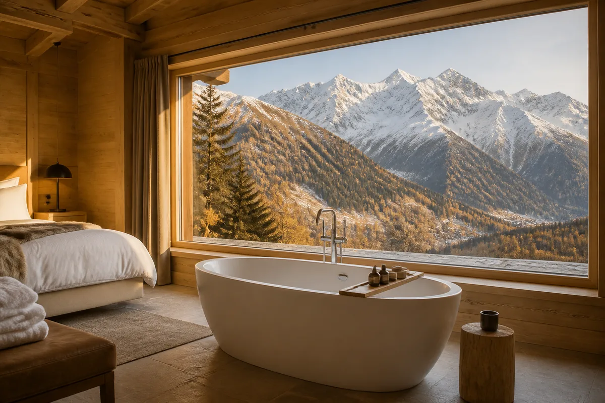 Chambre d&rsquo;hôtel de montagne avec baignoire face à une fenêtre panoramique sur les sommets