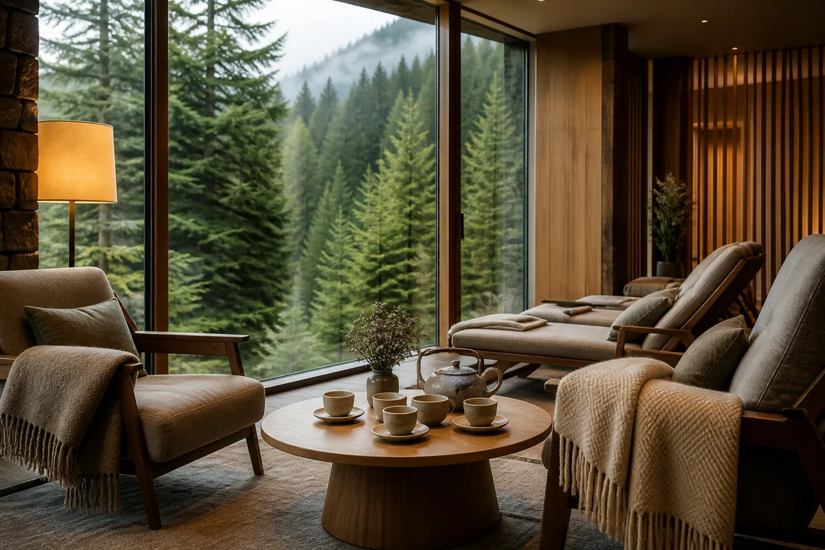 Salon de détente d&rsquo;un espace bien-être avec tisanerie, plaids et grande fenêtre sur la forêt