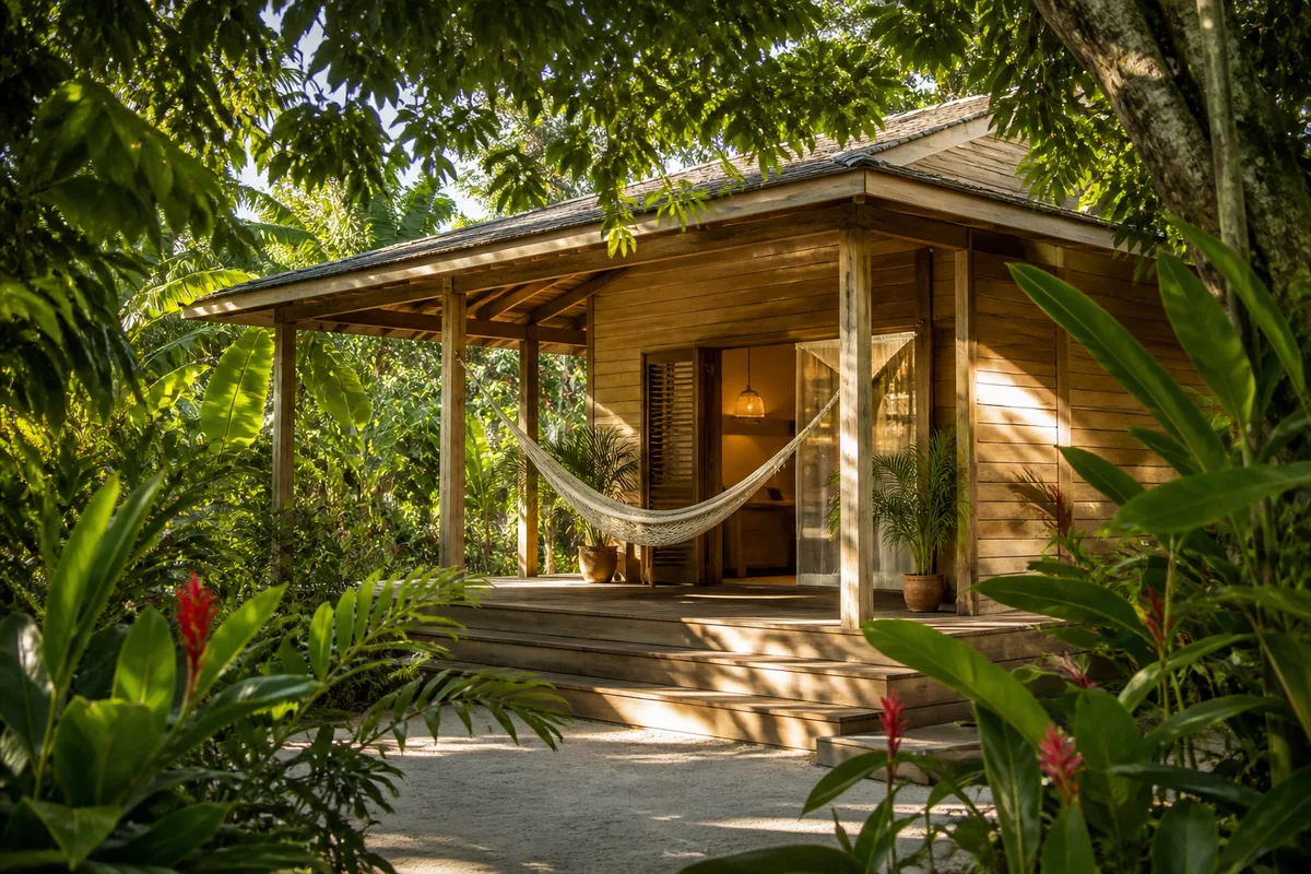 Bungalow en bois avec terrasse et hamac, entouré d&rsquo;une végétation tropicale luxuriante