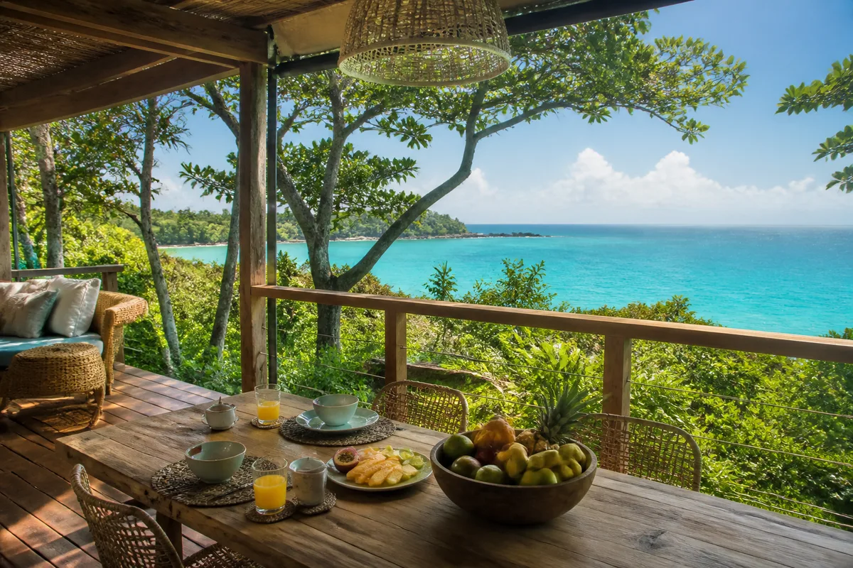 Terrasse ombragée d&rsquo;un hébergement antillais avec table dressée et vue sur la mer