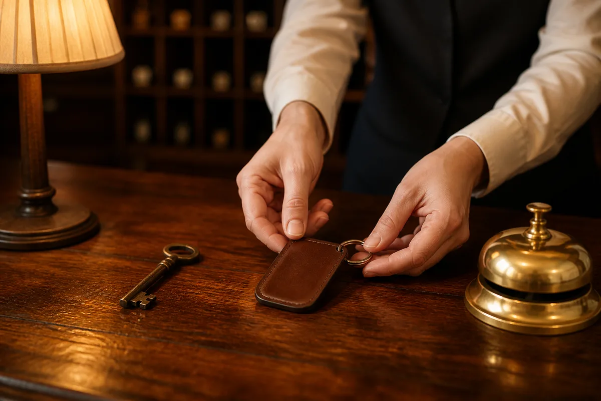 Comptoir de réception d&rsquo;un petit hôtel, clé ancienne posée sur le bois ciré