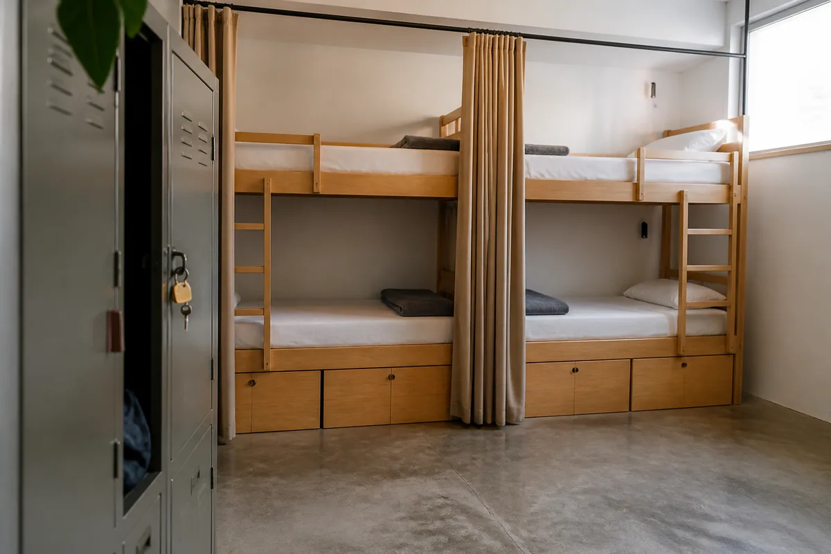 Dortoir d&rsquo;auberge de jeunesse, lits superposés en bois clair et casier métallique entrouvert