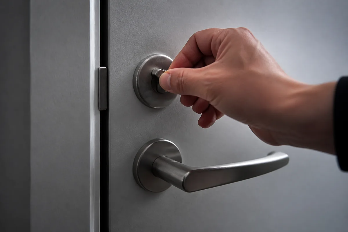Main tournant le verrou intérieur d&rsquo;une porte de chambre, poignée en métal brossé