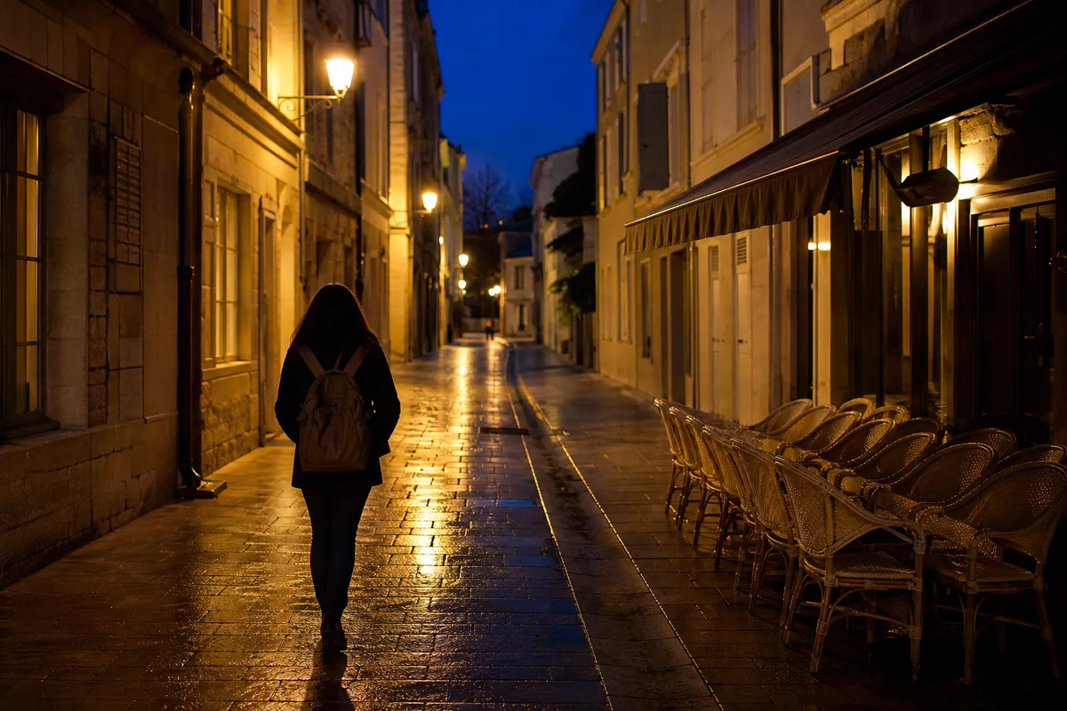 Ruelle de centre-ville en début de soirée, pavés humides et vitrines éclairées