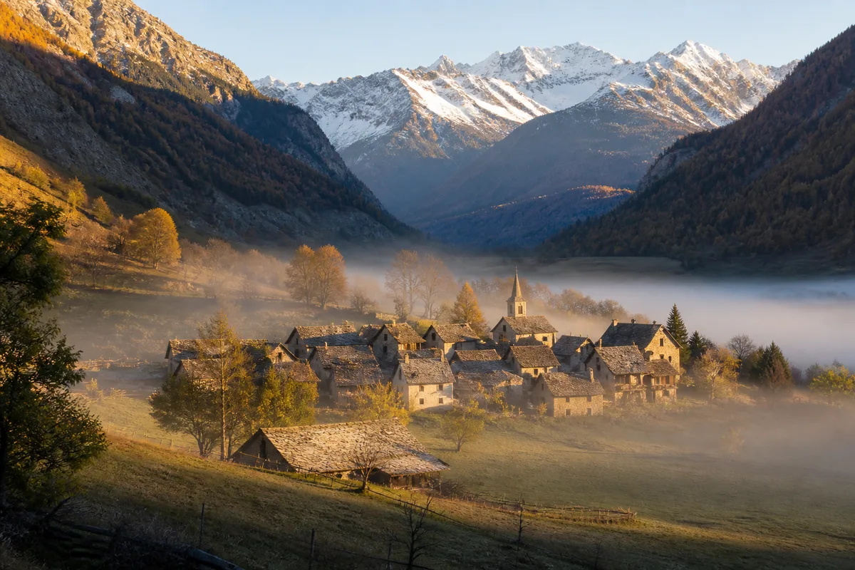 Village de montagne au petit matin, routes de vallée sous la brume et sommets enneigés en arrière-plan