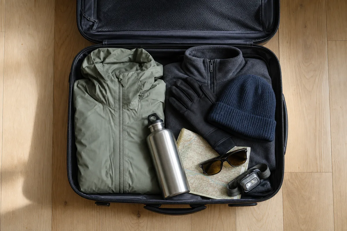Valise ouverte avec vêtements techniques, gants, lunettes de soleil et carte de randonnée posés à côté